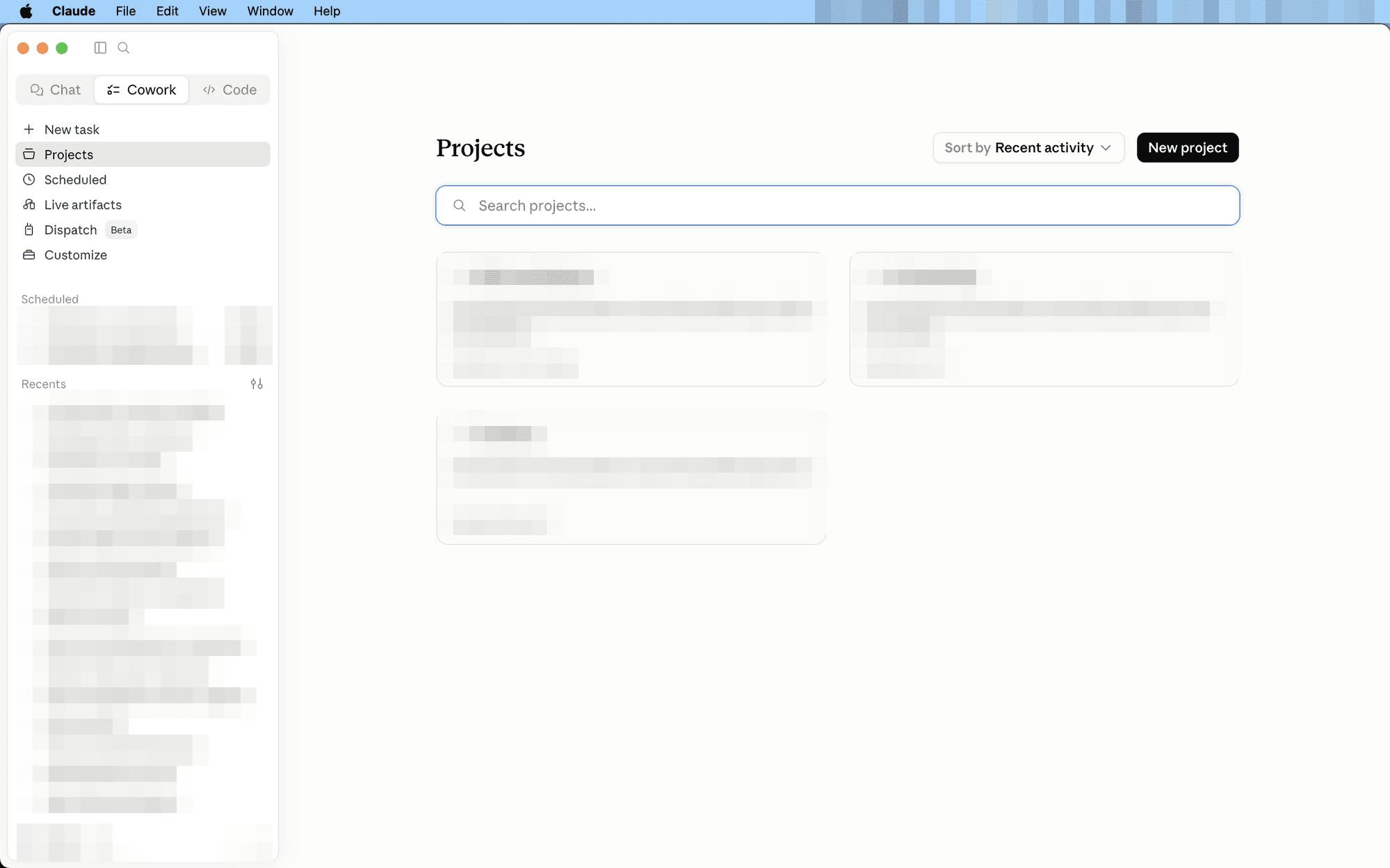 The Projects view in the Claude desktop app