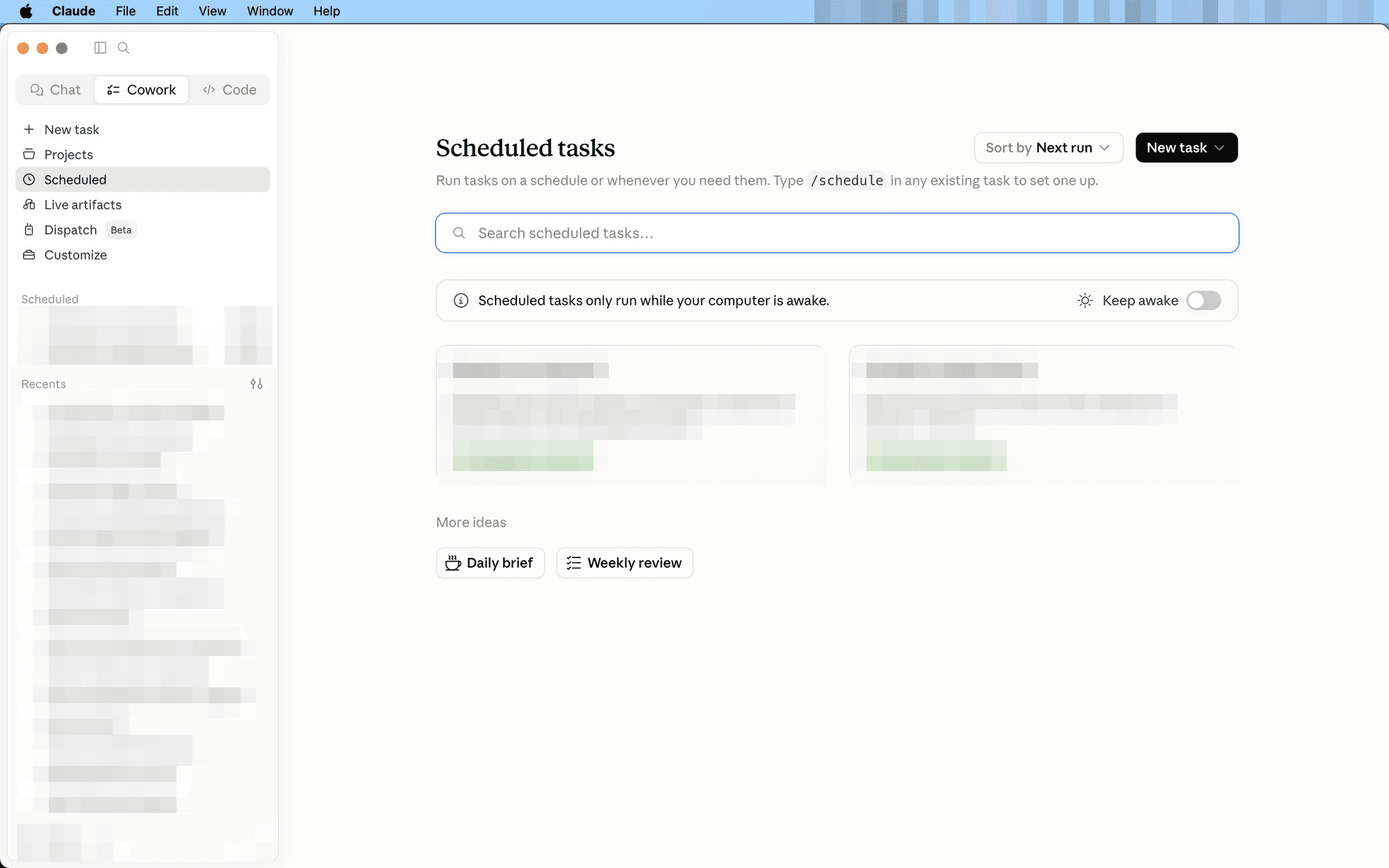 The Scheduled view in the Claude desktop app